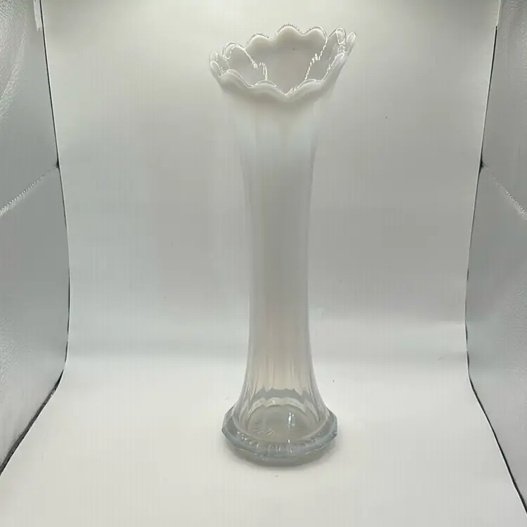 #1594 Fostoria White Opalescent Swung Fluted Stretch Vase 12.25”
