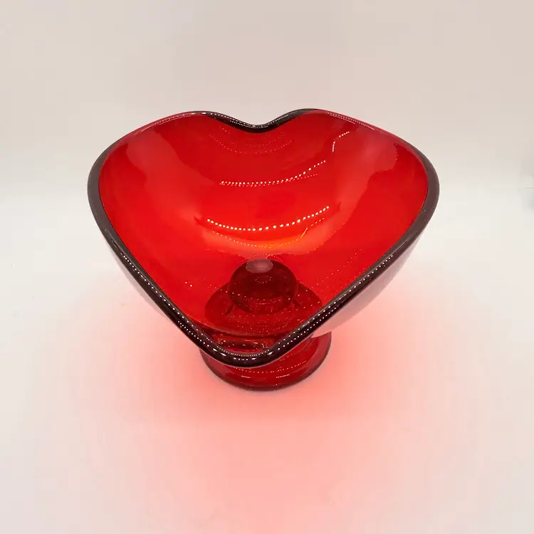Vintage Red Heart Shaped Footed Compote Candy Dish Fostoria Glass Faint UV Glow