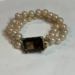 Double Strand Faux Pearl Brown Glass Center Bracelet 7”