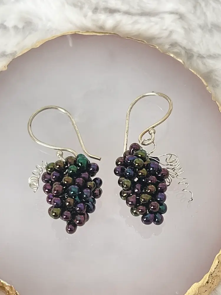 Vintage Style Grape Earrings Purple Beaded Cluster Dangle Artisan Style