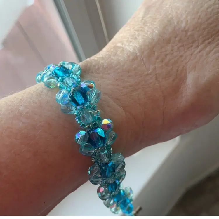 Blue Swarovski Crystal Bead Bracelet with Toggle Artisan Made 7.25”