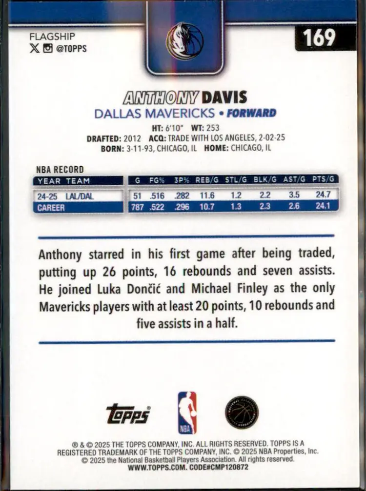 2025-26 Topps #169 Anthony Davis - (135) - Dallas Mavericks
