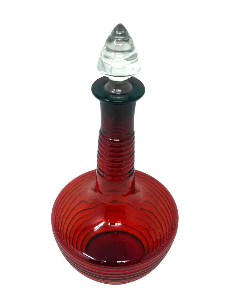 Ruby Red Glass Decanter With Stopper, 11 Inch Art Deco Ribbed Design