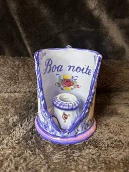 VINTAGE HAND-PAINTED PORTUGUESE CERAMIC CANDLEHOLDER "BOA NOITE"