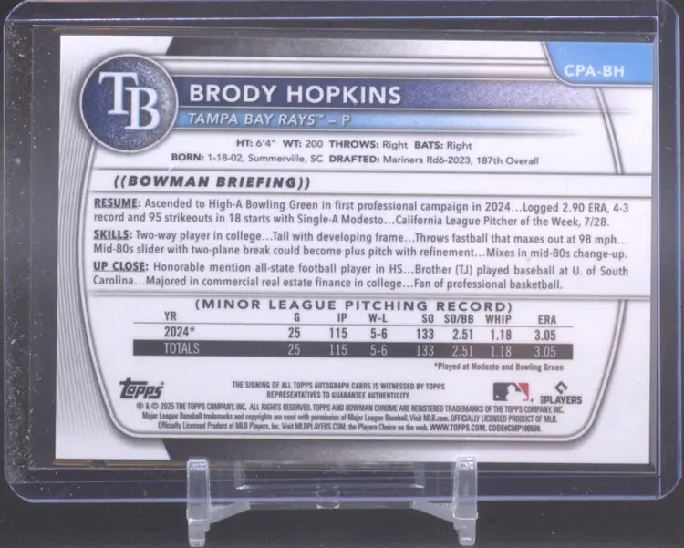 2025 Bowman Chrome 1st Bowman Auto, Brody Hopkins, Tampa Bay Rays