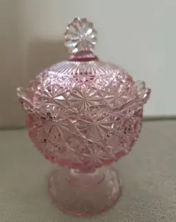 Vintage L G Wright Pink Daisy's And Button Depression Glass Candy Dish Or Footed Compote Dish With Lid