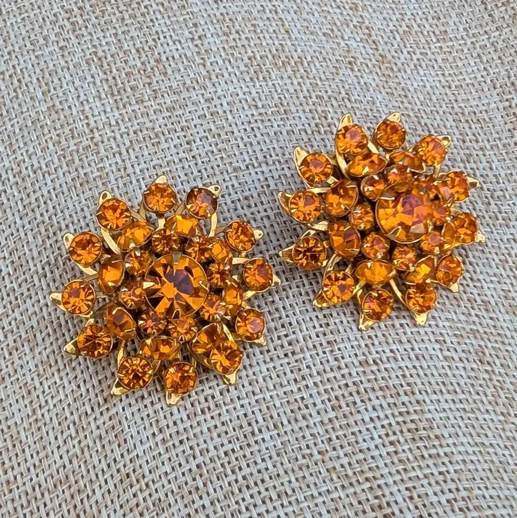 Vintage Judy Lee Tangerine Orange Rhinestone Flower Starburst Clip On Earrings