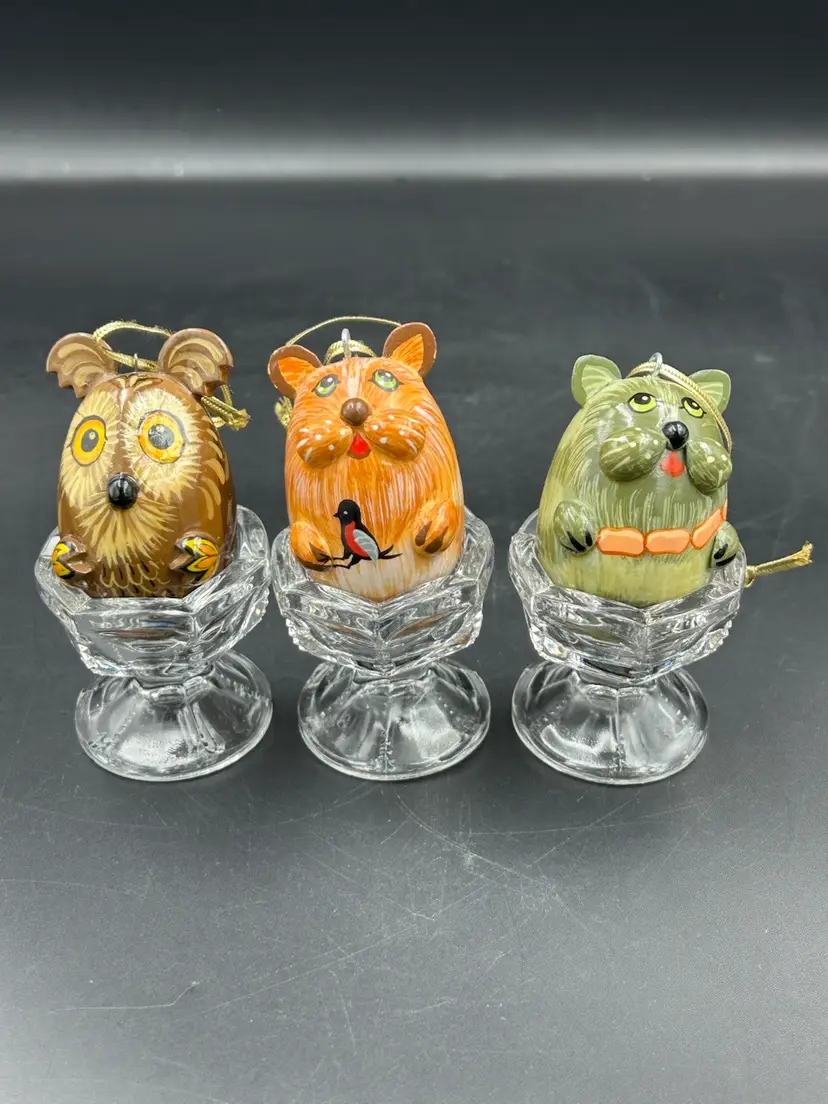 3 Wood, Russian Hand, Painted Woodland Animal Ornaments