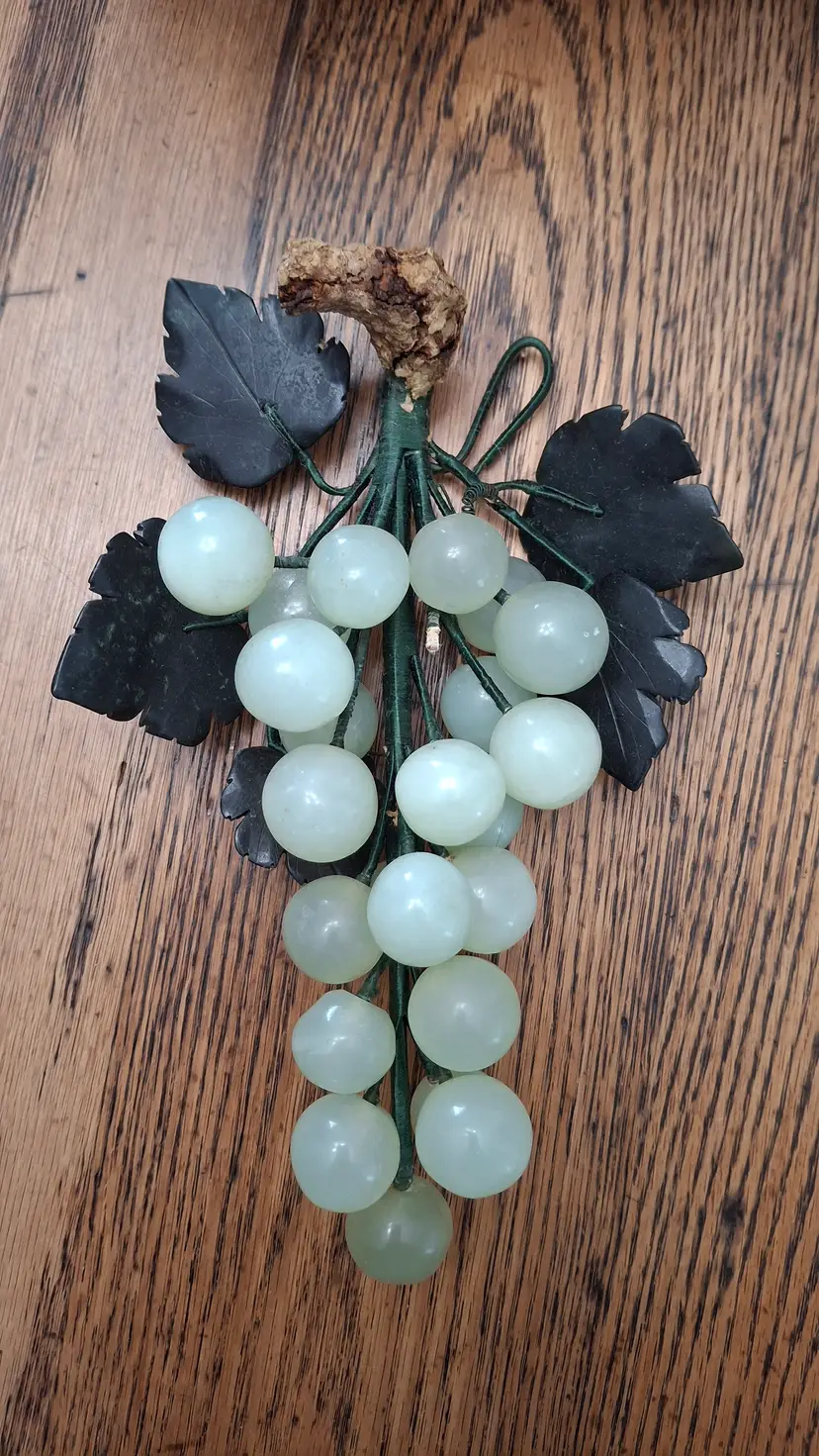 Vintage Stone Grape Cluster with Carved Stone Leaves