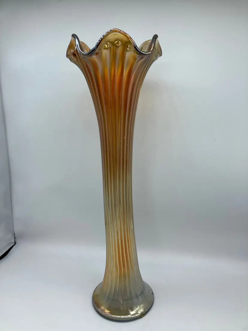 15” Antique Fenton Fine Rib Marigold Carnival Glass Vase *
