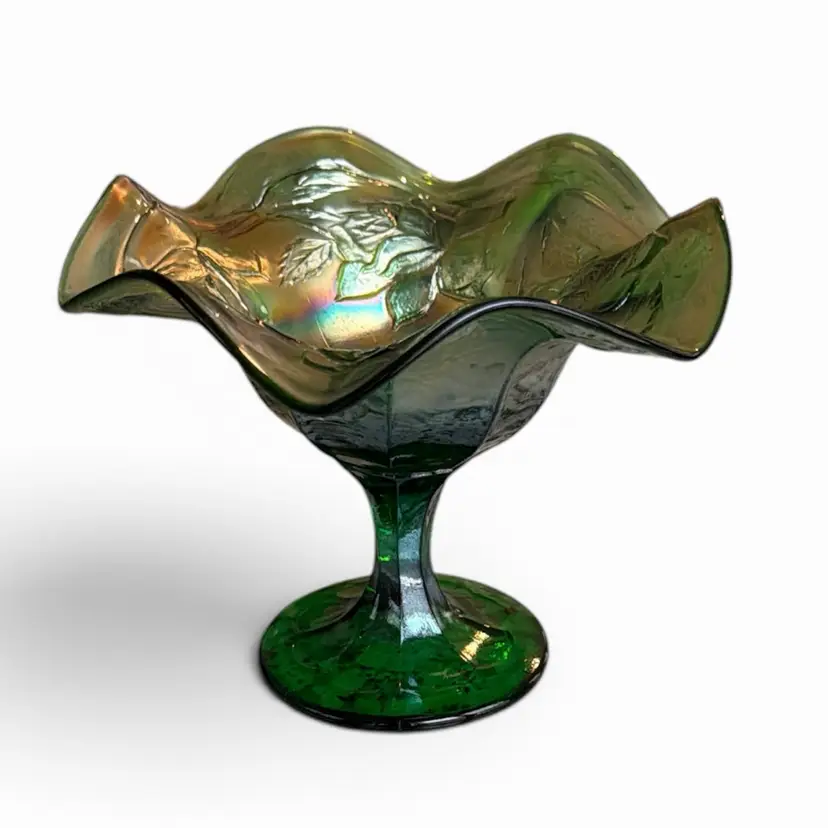 Vintage Carnival Glass Green Ruffled Pedestal Compote Candy Dish