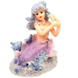 Mermaid Resin Figurine Perched Under The Sea On Coral Reef. Lovely Flowing Blue Hair And Ocean Scene. Mermaid Has Shell Necklace & Purple Sparkly Tail. 3-3/4” Tall.