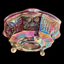 Fenton Glass Plum Opalescent Iridescent Butterflies & Berries Ball In Claw Carnival Glass Bowl 9.25”x3.5”