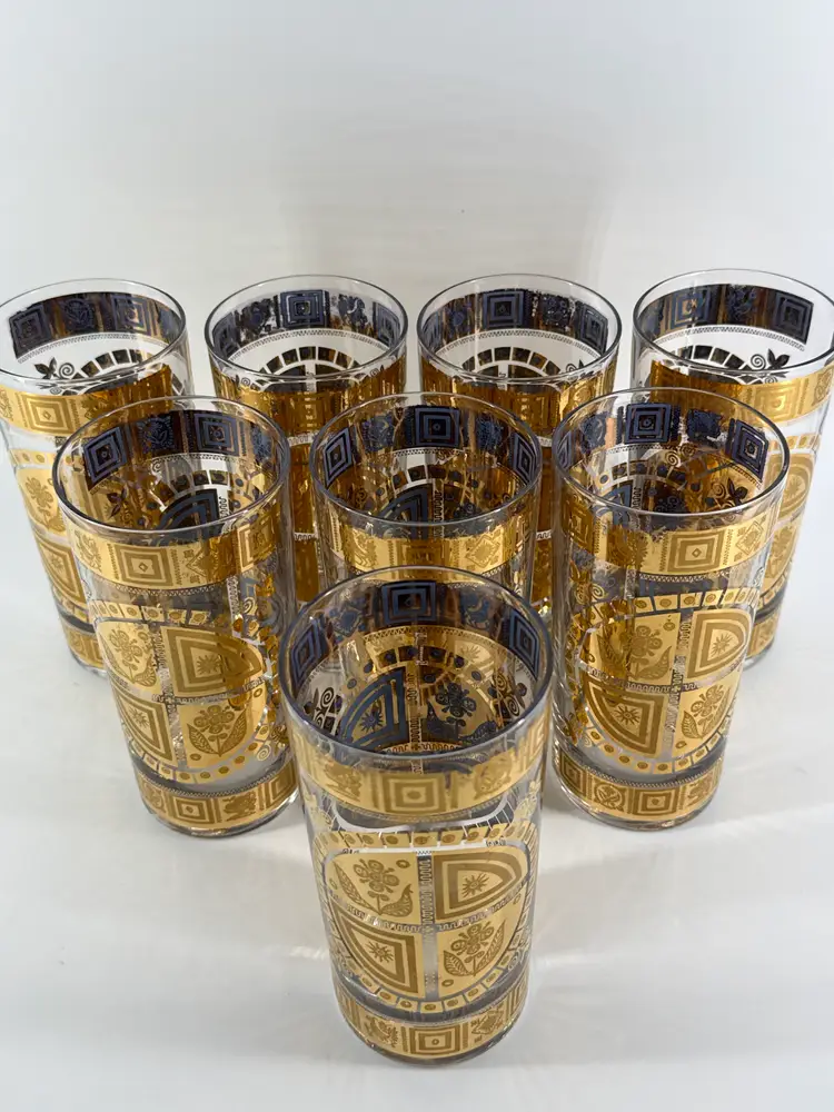 Vtg Lot 8 Culver Coronet 12oz Highball Cocktail Glasses 22kt Gold