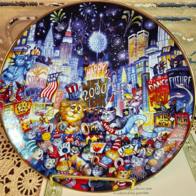 Vintage "Ring in the Mew Millennium" Franklin Mint Kitty Bill Bell Collector Plate Cats Kittens w COA