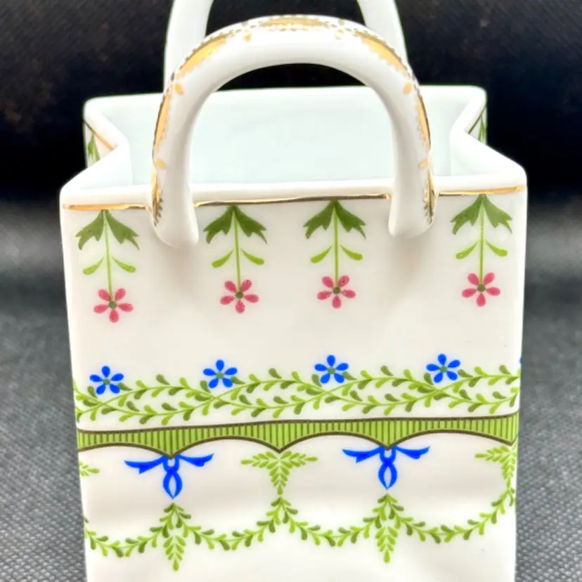 Vintage Floral Flowers Ceramic Gift Bag Trinket Basket Vase Planter, Tea Bag Holder, Business Card Holder, Unbranded