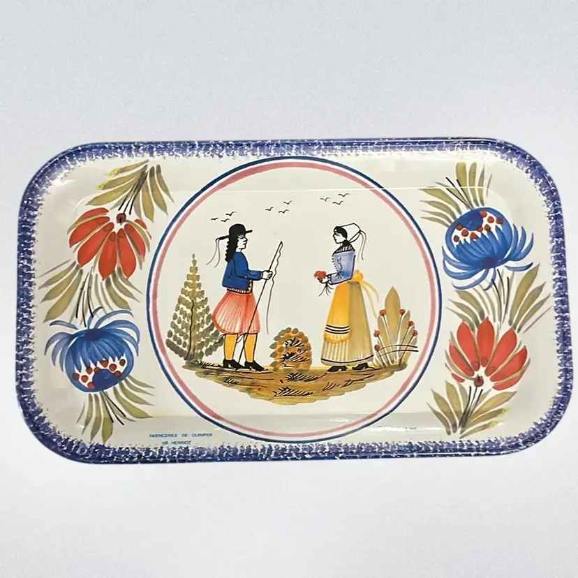 Quimper -Small Tin Tray -Trinket Dish- Massilly France- 7”x4”- Vintage- Folk Art