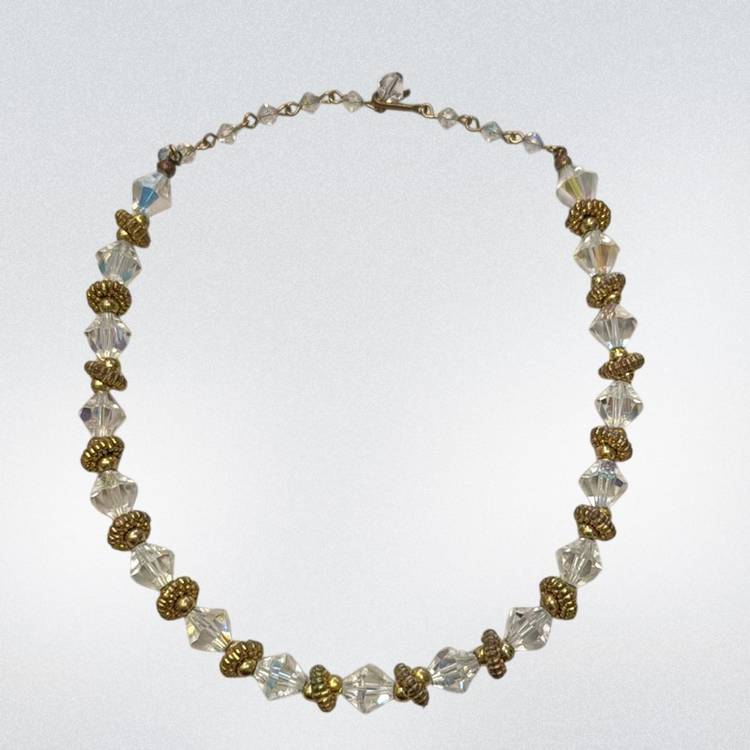 Mid Century Aurora Borealis Faceted Crystal and Golden Bead Choker Necklace-16”