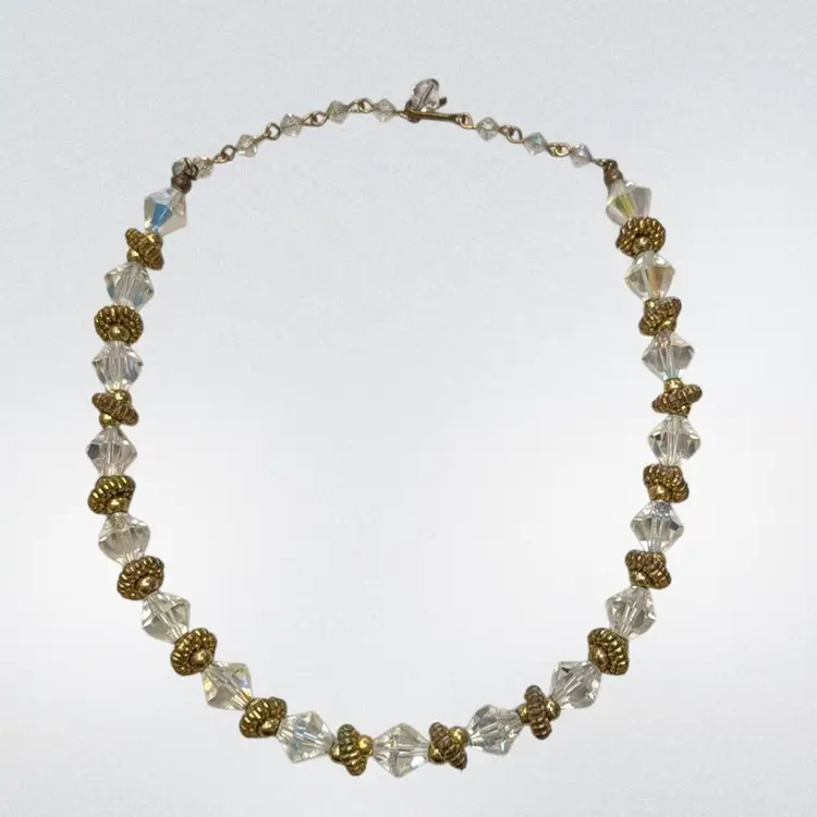 Mid Century Aurora Borealis Faceted Crystal and Golden Bead Choker Necklace-16”