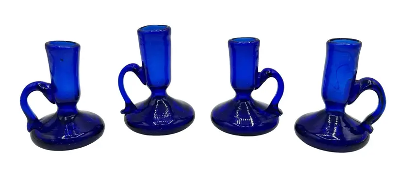 Set of 4 Handblown Art Glass Handled Candle Holder Chamberstick Cobalt Blue