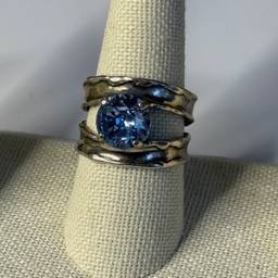 Sterling Silver 925 Blue Glass Double Band Ring Size 9