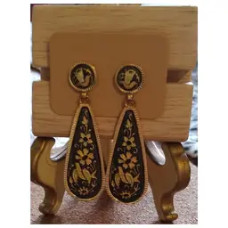 Vtg Damascene  Floral Drop Earrings (Pierced)