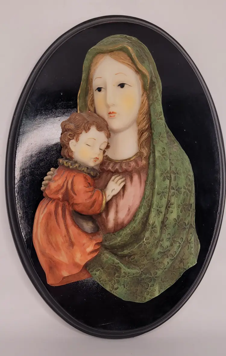 Ceramic Madonna & Jesus on Wood Plaque