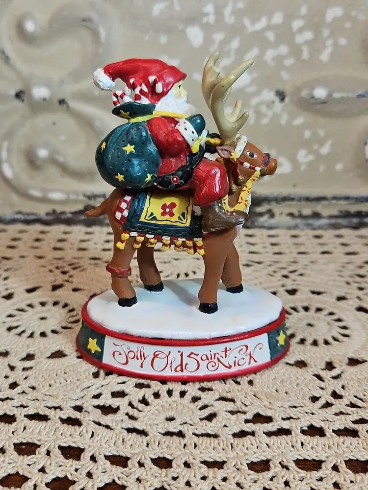 Mary Engelbreit "Jolly Old Saint Nick" Santa Riding a Reindeer Figurine (read)