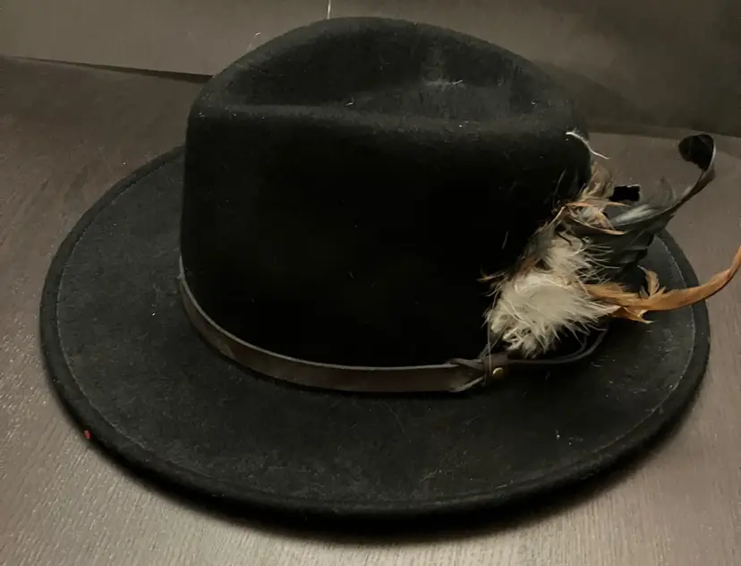 VTG Wool Large Black Fedora Hat With cream and brown feathers Unmarked