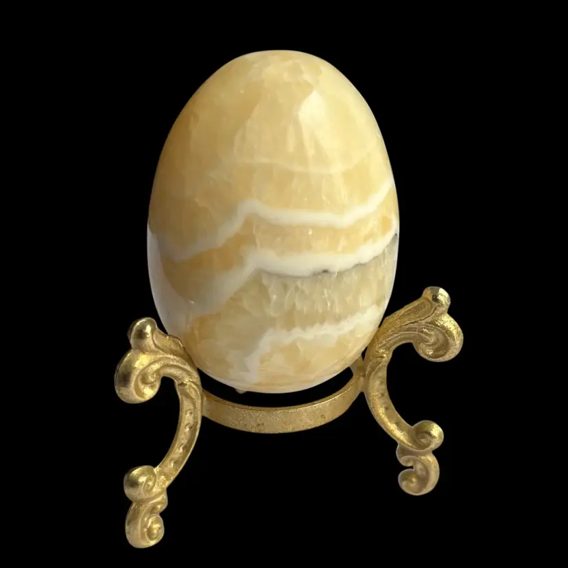 Stone Egg On Gold Metal Stand, Possibly Agate Egg