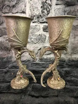 Set Of (2) 1994 Fellowship Foundry Pewter Dragon Goblets