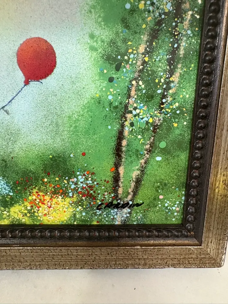Louis Cardin Enamel On Copper Child With Red Balloon Framed