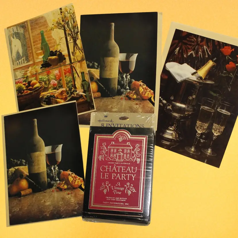 Vintage 1980s Lot of Wine Bottle Photography Blank Cards (4) & Hallmark Wine Gathering Invitations (8), Unused, all w/ Envelopes