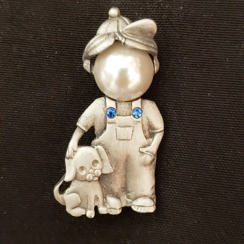 Boy And His Dog Brooch approximately 1 5/8" with colored costume jewels