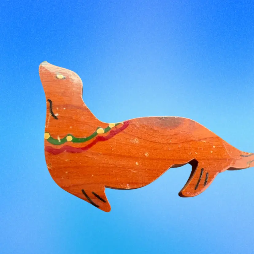 Vintage Wood Hand Painted Seal Pin 3”
