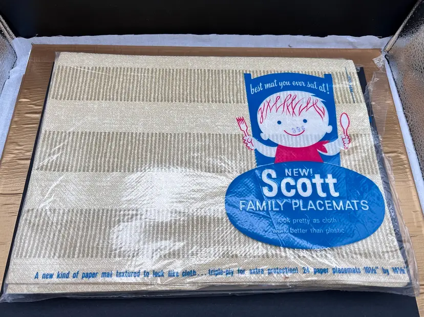 Vintage MCM 1960's Scott Paper Company Family Placemats 
Paper/Napkin Textured to Look Like Cloth
Still in Package - Opened