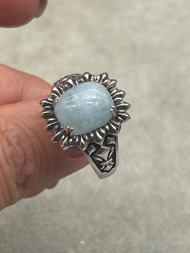 #01 Sterling Silver Aquamarine Cabochon Ring Size 11 | Floral Leaf Design | Marked 925