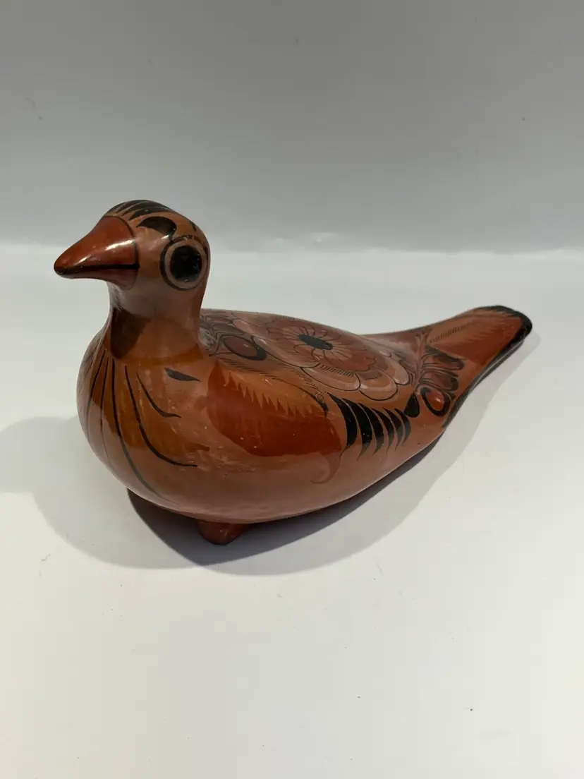 Mexican- Tonala folk art pottery bird 9” long- footed