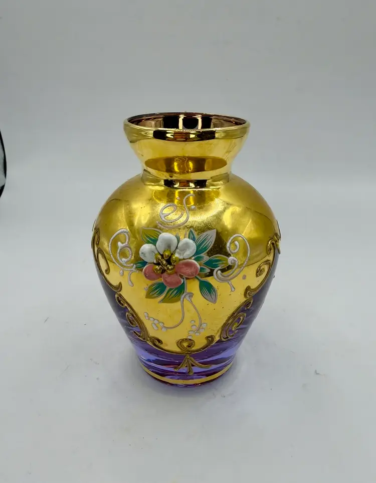 Murano Glass Italy Purple NEODYMIUM Gold 4.25 Vase Hand-painted Enamel Floral