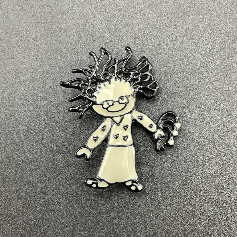 SFJ Steinmetz Enamel Brooch Pin Black White Jewelry Crazy Hair Lady Hearts