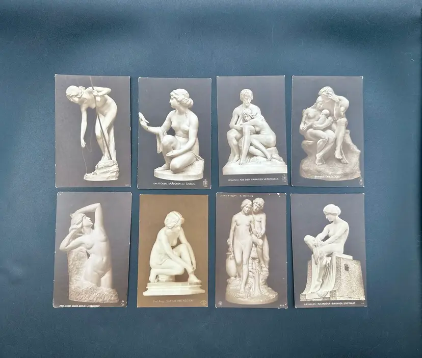 Set Of 8 Mythological Statue Antique Foreign Postcards, Three Graces, Unmarked Unposted