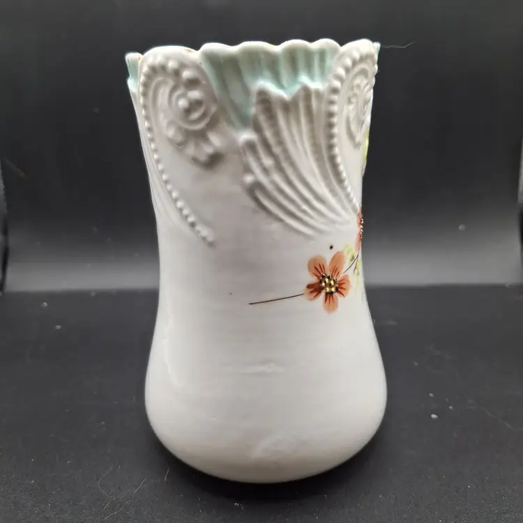 Vintage Hand-Painted Floral White Ceramic Vase Scalloped Rim & Embossed Details