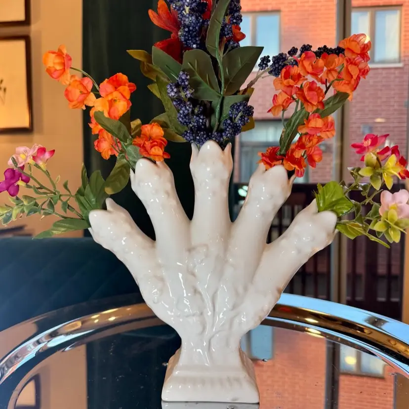 9x9” vintage five-finger tulipiere (or bud vase) crafted by Elpa Alcobaca in Portugal
