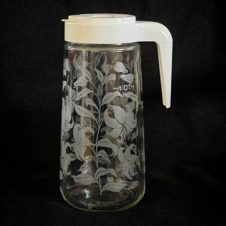 TANG Pitcher White Lily Pattern Retro Glass & Plastic Top with White Logo Anchor Hocking Vintage