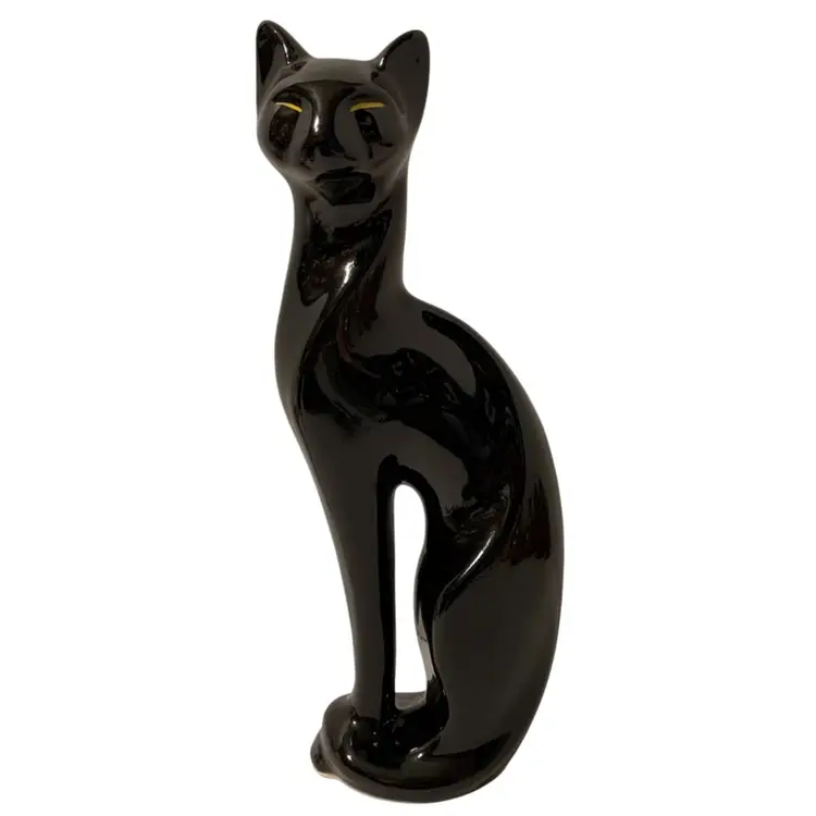 VTG MCM Maddux USA Calif Ceramic 12.5” Long Leg Black Cat Figurine Yellow Eyes