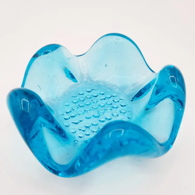 Turquoise Teal Glass Trinket Dish Scalloped Rim Hobnail Bottom