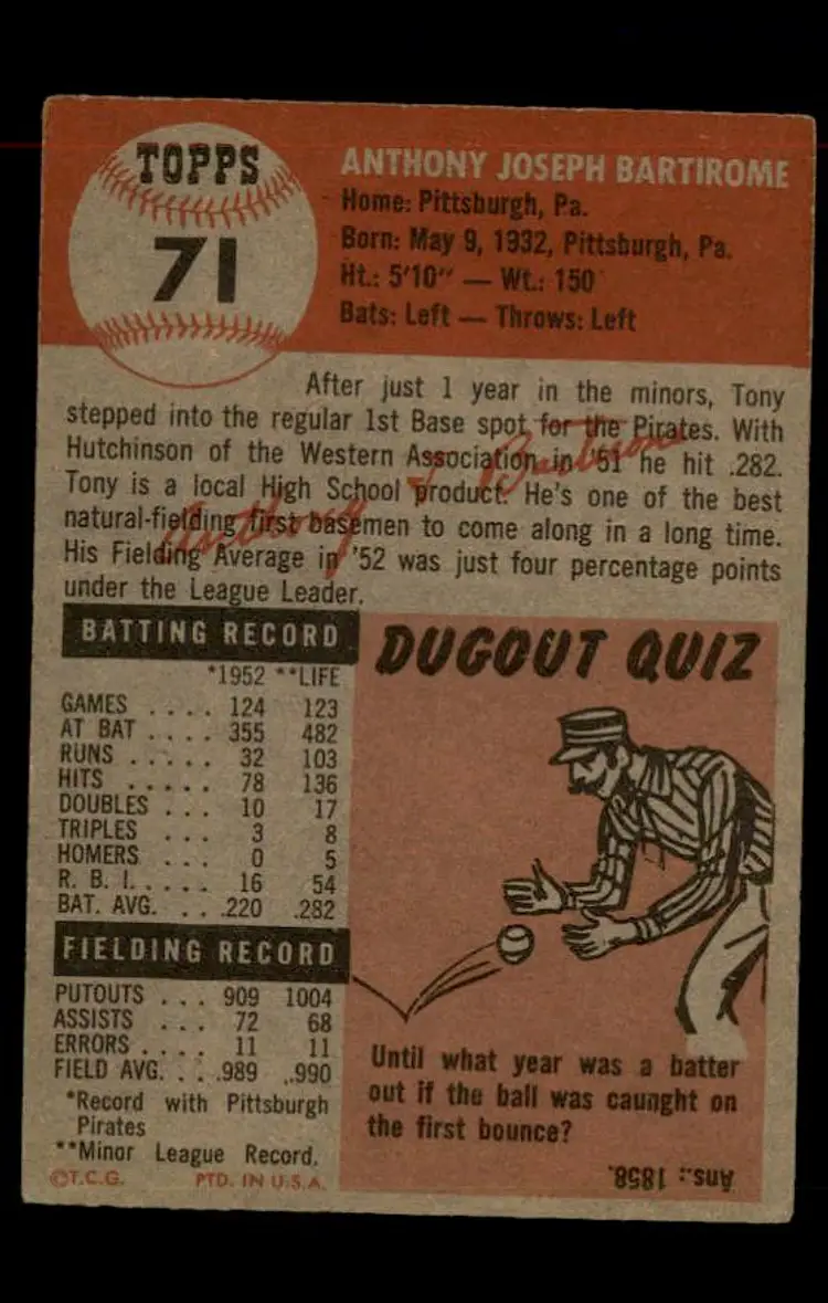 1953 Topps #71 Tony Bartirome - (pk-tl1) - Pittsburgh Pirates