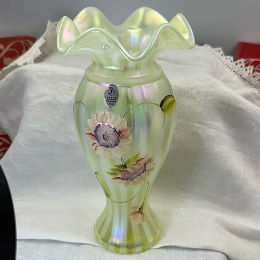 Fenton Topaz Vaseline Opalescent Autumn Beauty Vase - Signed & Numbered - GLOWS - Sean K Fenton
