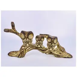 Mid Century Owl Trio Brass Figurine 3 Owls on Branch Heavy Paperweight MCM