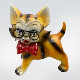 1950s Cat Orange Red Bow Tie & Glasses Rhinestone Eyes Kitschy Retro Vintage Ceramic